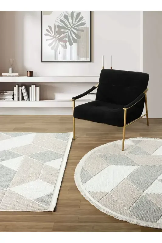 Krem Bej Gri Yumuşak Dokulu Yuvarlak Halı Kilim Mutfak Koridor Yolluk Dokuma Makine Halısı 008 DAİRE-Krem 6 - 3