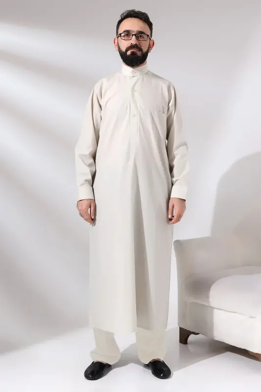 Krem Çınar Dağron Mato Erkaklar Haj Umra Kiyimi Fistan To'plami - Krem - 1