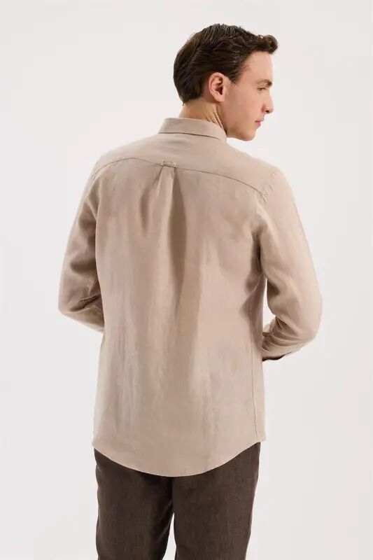 Krem Comfort Fit %100 Keten Klasik Yaka Gömlek - 5