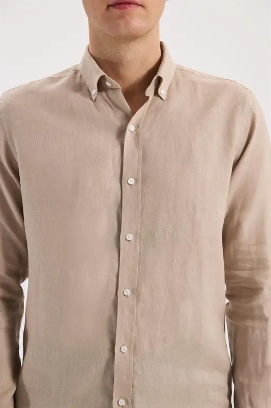 Krem Comfort Fit %100 Keten Klasik Yaka Gömlek - 4