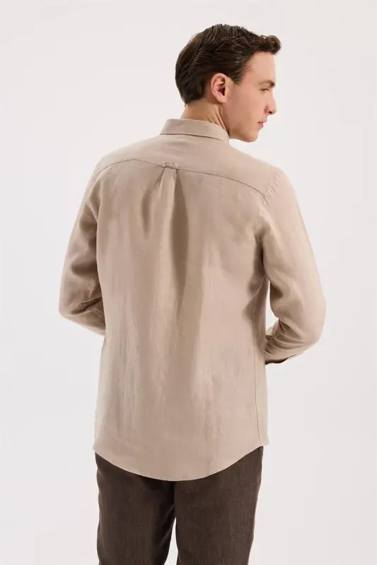 Krem Comfort Fit %100 Keten Klasik Yaka Gömlek - 5