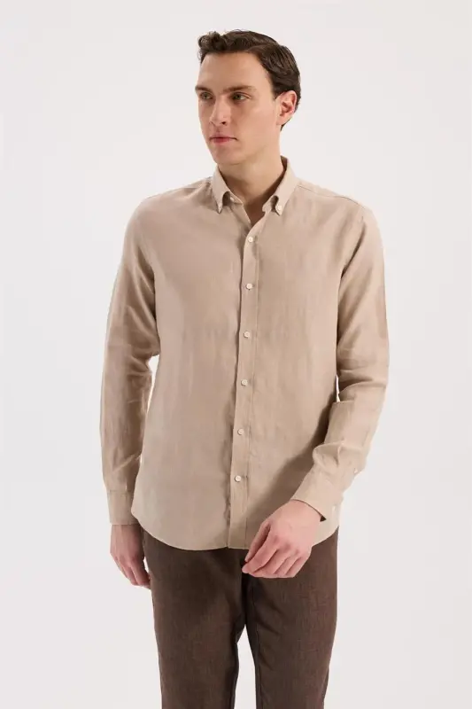 Krem Comfort Fit %100 Keten Klasik Yaka Gömlek - 1