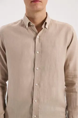 Krem Comfort Fit %100 Keten Klasik Yaka Gömlek - 4
