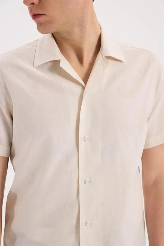 Krem Comfort Fit Klassik Yoqa Qisqa Yengli Ko'ylak - 3