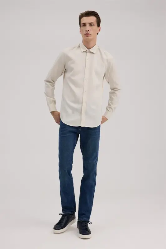 Krem Comfort Fit Tencel Ko'ylak - 1