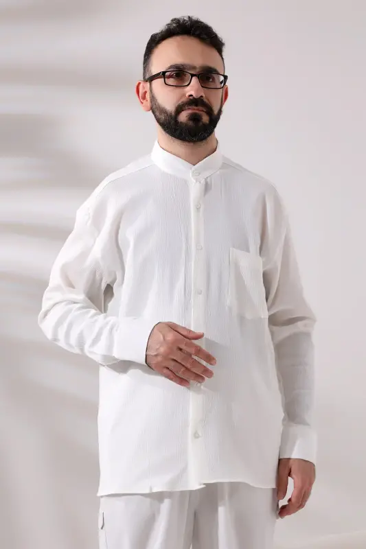Krem Erkak Qulay Kesim Hakam Yoqa Shile Bezi Haj va Umra Ko'ylak-Krem - 1