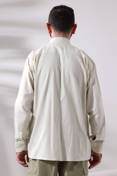 Krem Erkek Bol Kesim Tek Cepli Hakim Yaka Hac ve Umre Keten Gömlek-Krem - 4