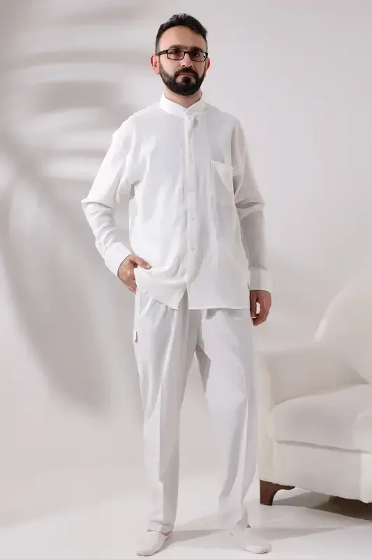 Krem Erkek Rahat Kesim Hakim Yaka Şile Bezi Hac ve Umre Gömlek-Krem - 4