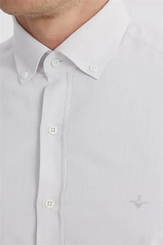 Krem rangi Slim Fit naqshli paxtadan tayyorlangan tugmali yoqali ko'ylak - 3