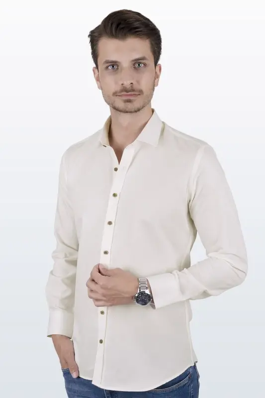 Krem rangli Slim Fit sovg'a qutisida erkaklar ko'ylagi - 6