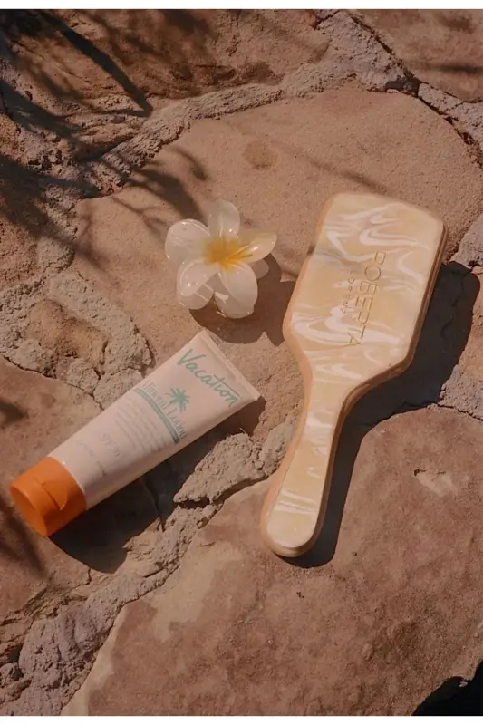 Krem Rengi Dalga Desenli Bambu Dişli Asetat Tarak-Krem - 3