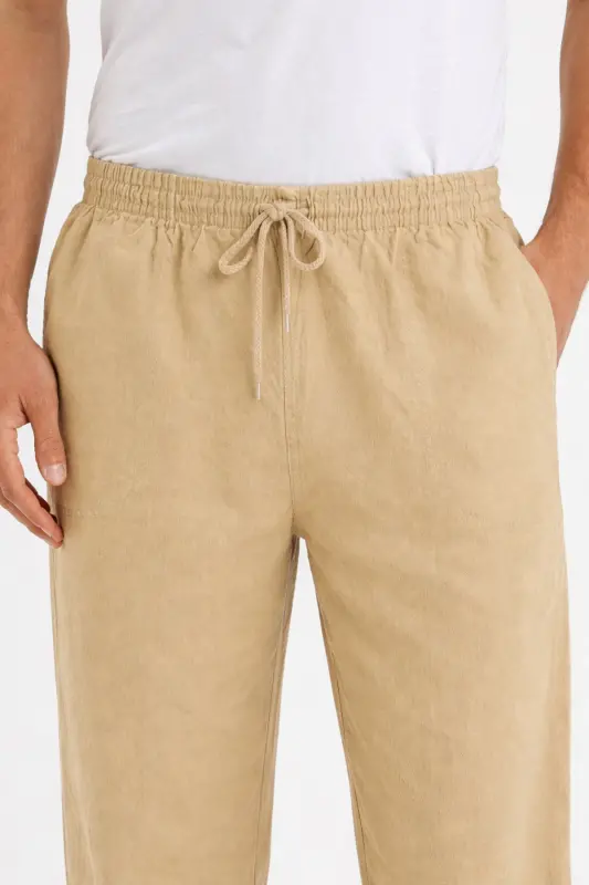 Krem Renk Erkek Keten Pantolon-Krem - 2