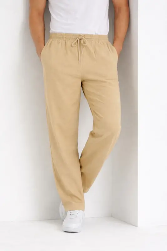Krem Renk Erkek Keten Pantolon-Krem - 4