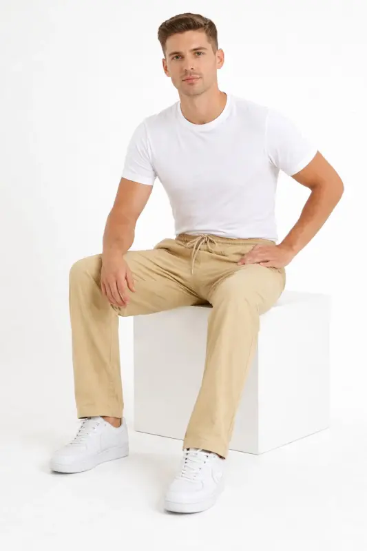 Krem Renk Erkek Keten Pantolon-Krem - 5