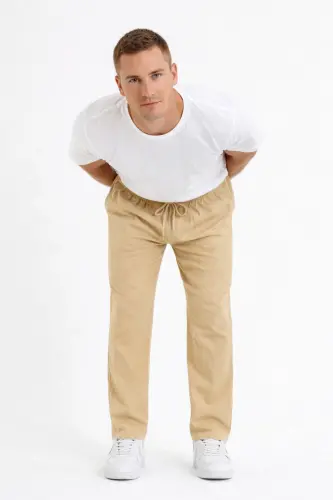 Krem Renk Erkek Keten Pantolon-Krem - 6