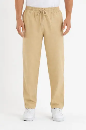 Krem Renk Erkek Keten Pantolon - Krem 
