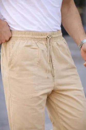 Krem Renk Erkek Yazlık Keten Karışımı Relaxed Pantolon-Krem - 4