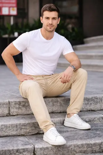 Krem Renk Erkek Yazlık Keten Karışımı Relaxed Pantolon-Krem - 5