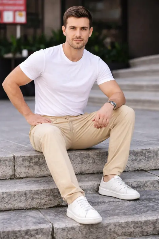 Krem Renk Erkek Yazlık Keten Karışımı Relaxed Pantolon-Krem - 5