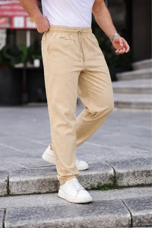 Krem Renk Erkek Yazlık Keten Karışımı Relaxed Pantolon - Krem - 1