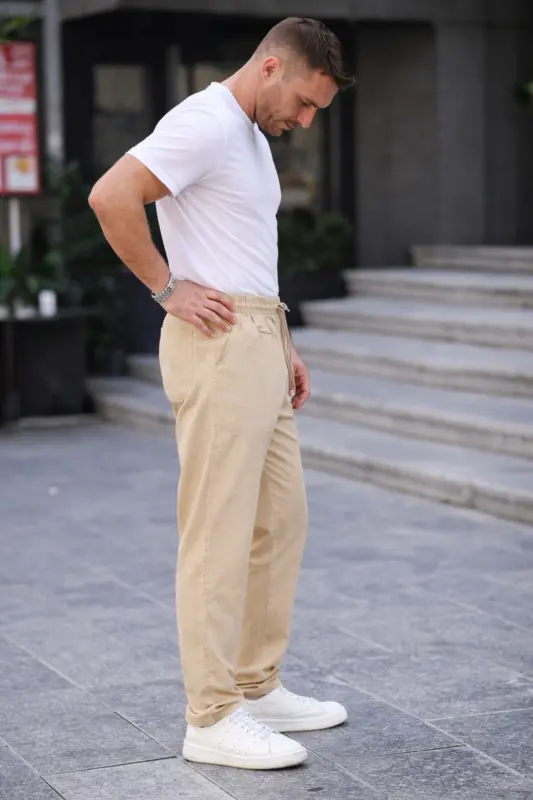 Krem Renk Erkek Yazlık Keten Karışımı Relaxed Pantolon - Krem - 3