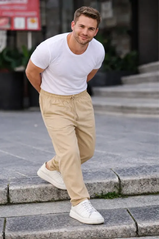 Krem Renk Erkek Yazlık Keten Karışımı Relaxed Pantolon - Krem - 6