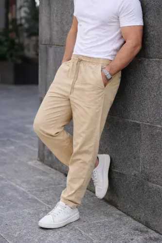 Krem Renk Erkek Yazlık Keten Karışımı Relaxed Pantolon-Krem - COMBİNE MİCHAİL (1)