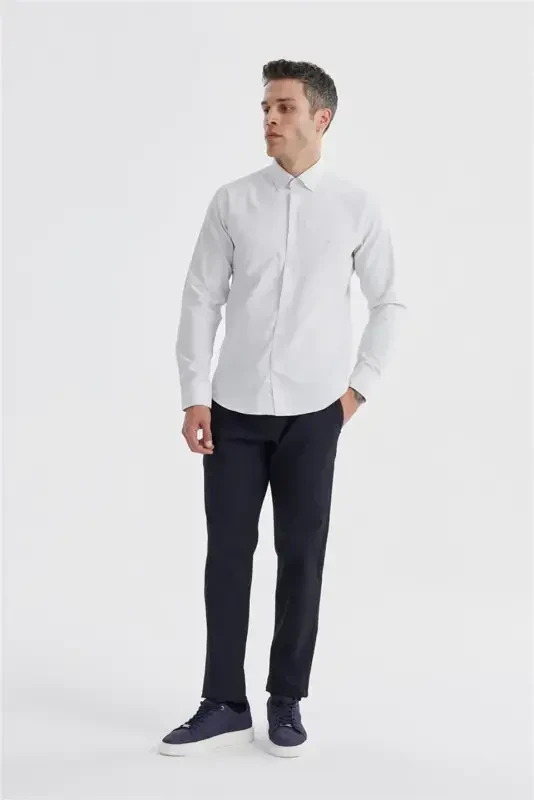 Krem Slim Fit Desenli Pamuklu Düğmeli Yaka Gömlek - 1