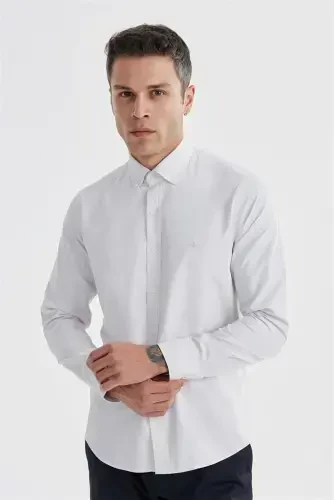 Krem Slim Fit Desenli Pamuklu Düğmeli Yaka Gömlek - 2