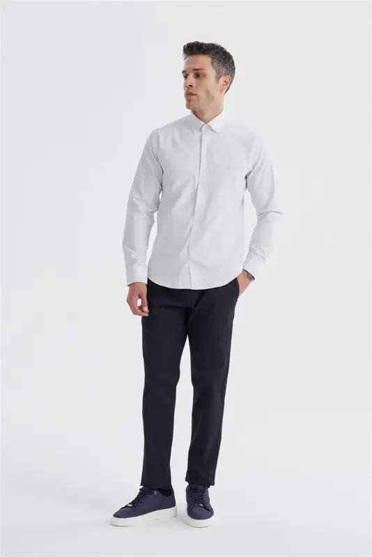 Krem Slim Fit Desenli Pamuklu Düğmeli Yaka Gömlek - 1