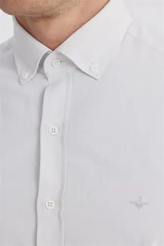 Krem Slim Fit Desenli Pamuklu Düğmeli Yaka Gömlek - 3