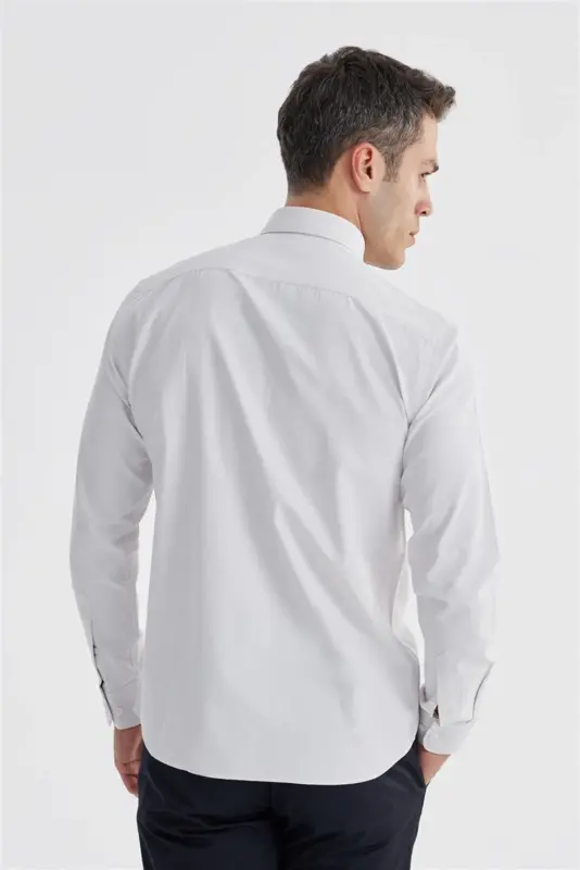 Krem Slim Fit Desenli Pamuklu Düğmeli Yaka Gömlek - 4