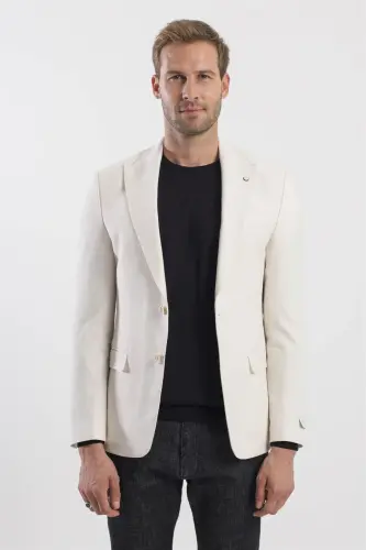 Krem Slim Fit Desenli Sivri Yaka Ceket 