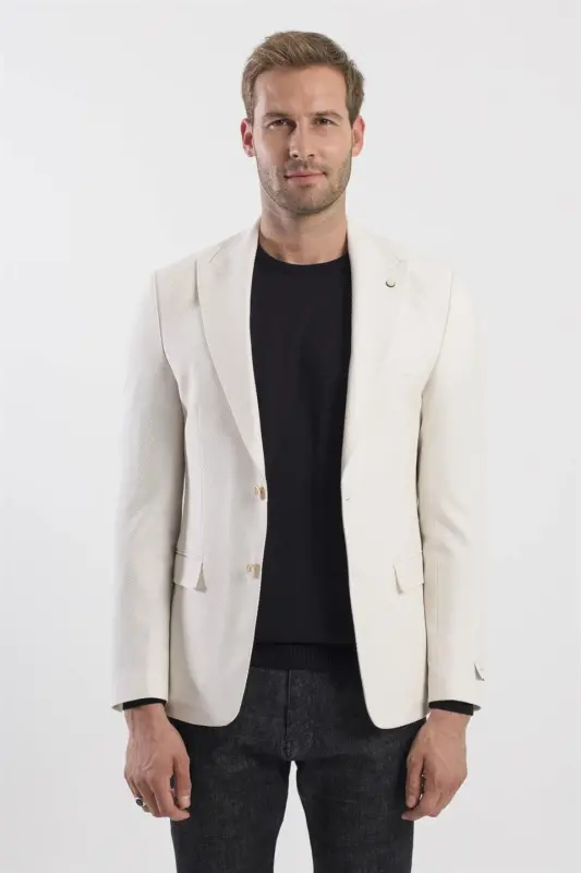 Krem Slim Fit Desenli Sivri Yaka Ceket - 1