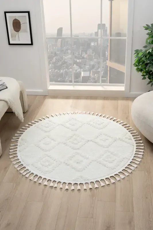 Krem Yumuşak Peluş Yuvarlak Dokuma Halı Çocuk Odası Yatak Odası Antre Hol Mutfak Halısı Yuvarlak - 2