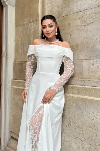 Krep Kumaş Balen Dantel Detaylı Abiye Elbise - BEYAZ - 3