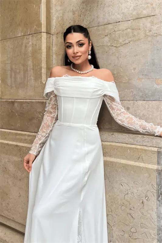 Krep Kumaş Balen Dantel Detaylı Abiye Elbise - BEYAZ - 4