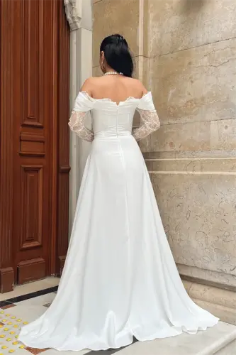 Krep Kumaş Balen Dantel Detaylı Abiye Elbise - BEYAZ - 5