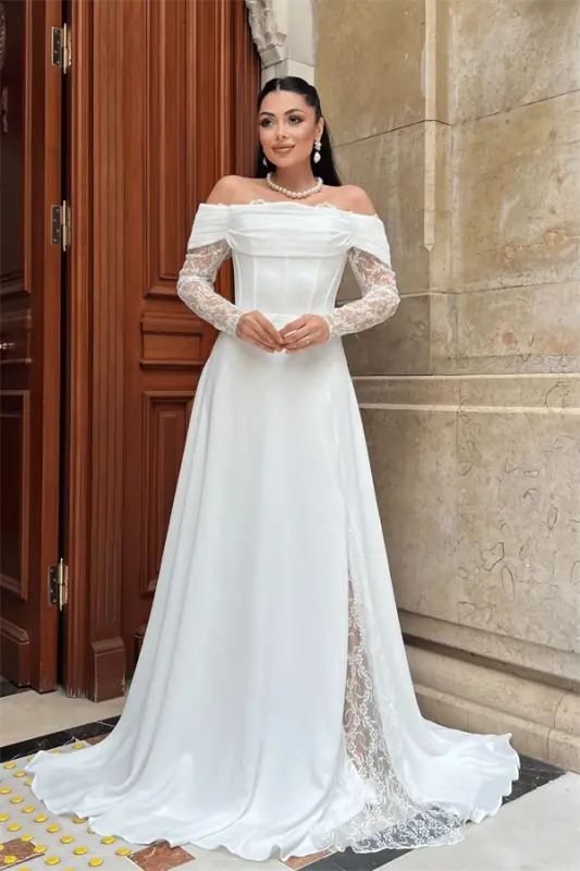 Krep Kumaş Balen Dantel Detaylı Abiye Elbise - BEYAZ - BÜYÜKBEDENIZ