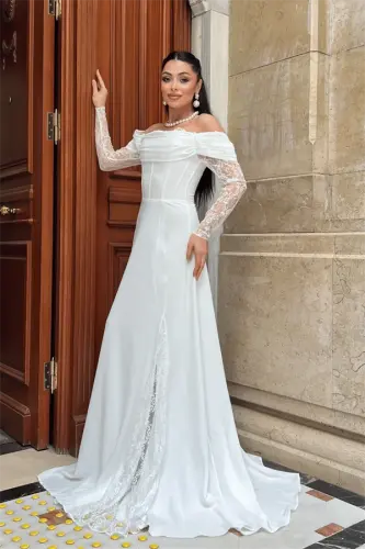 Krep Kumaş Balen Dantel Detaylı Abiye Elbise - BEYAZ - BÜYÜKBEDENIZ (1)