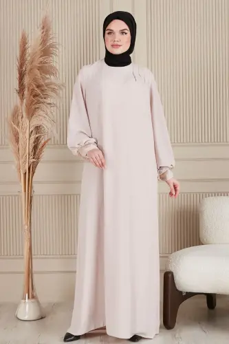 Krep Kumaş Boydan Tesettür Elbise Namaz Elbisesi Anne Elbisesi Tesettür Elbise Tesettür Abiye - Beyaz - 6