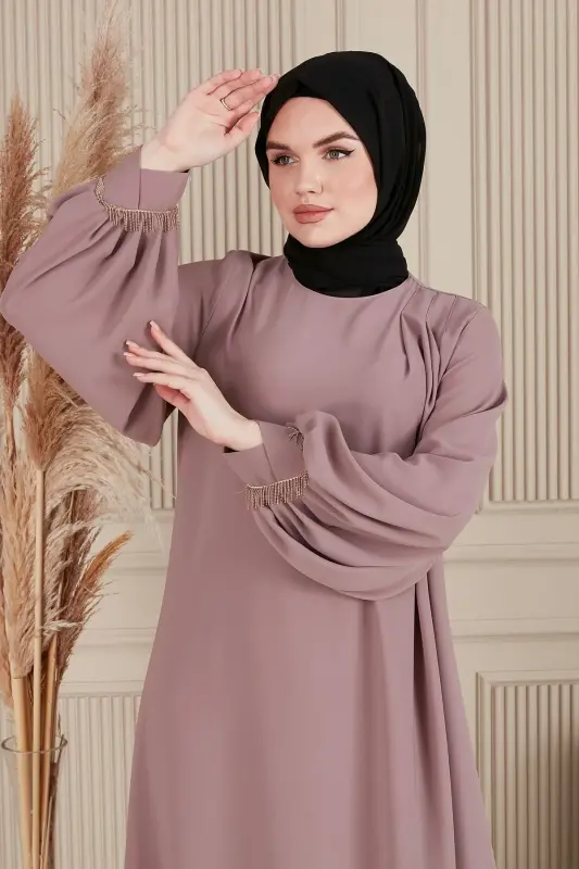 Krep Kumaş Boydan Tesettür Elbise Namaz Elbisesi Anne Elbisesi Tesettür Elbise Tesettür Abiye - Gül Kurusu - 6