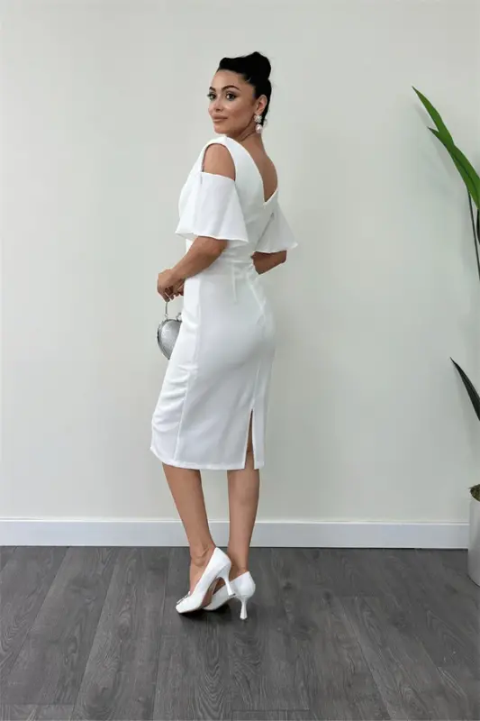 Krep Kumaş Büzgü Detaylı Kalem Elbise - BEYAZ - 5