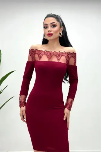 Krep Kumaş Dantel Detaylı Elbise - BORDO - 1