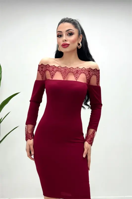 Krep Kumaş Dantel Detaylı Elbise - BORDO - 1