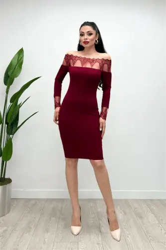 Krep Kumaş Dantel Detaylı Elbise - BORDO - 2