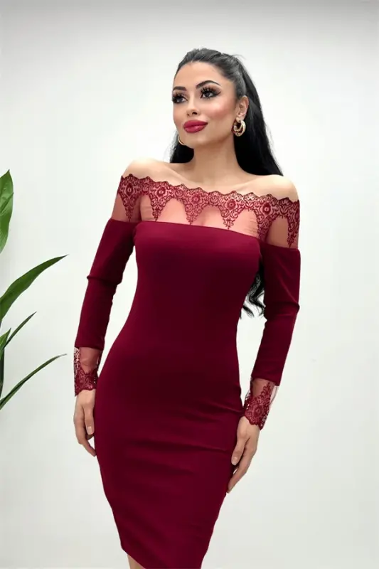 Krep Kumaş Dantel Detaylı Elbise - BORDO - 3