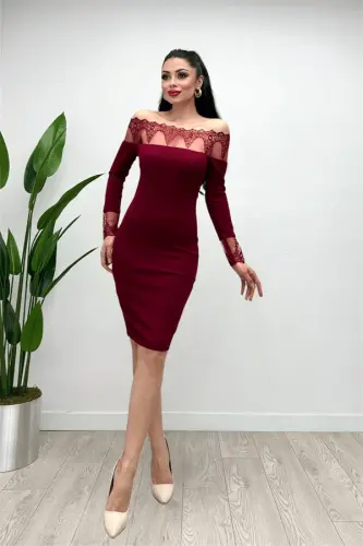 Krep Kumaş Dantel Detaylı Elbise - BORDO - 4