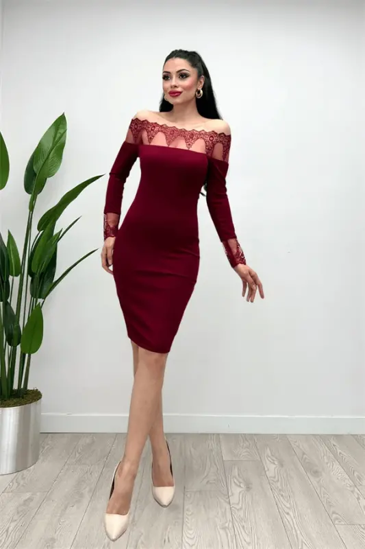 Krep Kumaş Dantel Detaylı Elbise - BORDO - 4