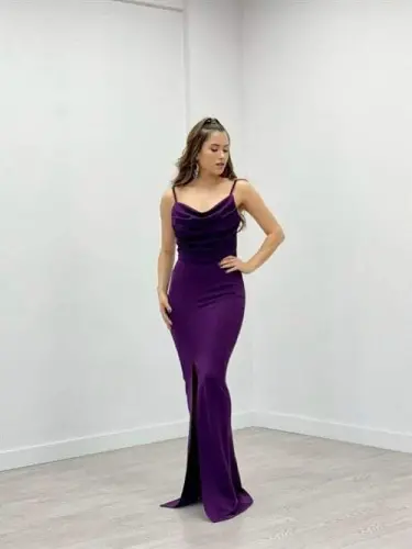 Krep Kumaş Degaje Yaka Askılı Elbise - PATLICAN MOR - 2